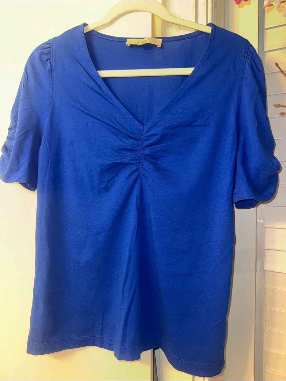 LOFT cobalt blue V-neck ruched short sleeve tee